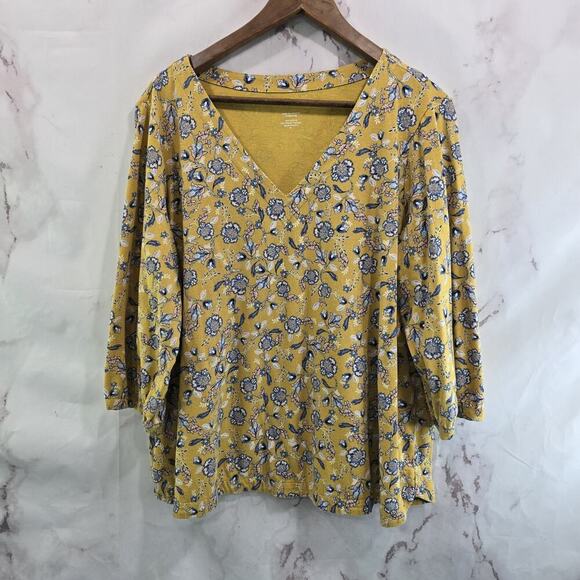J Jill Shirt Women XL Yellow Blue Floral Printed V Neck Pure Modal Long Tee T - Picture 1 of 10